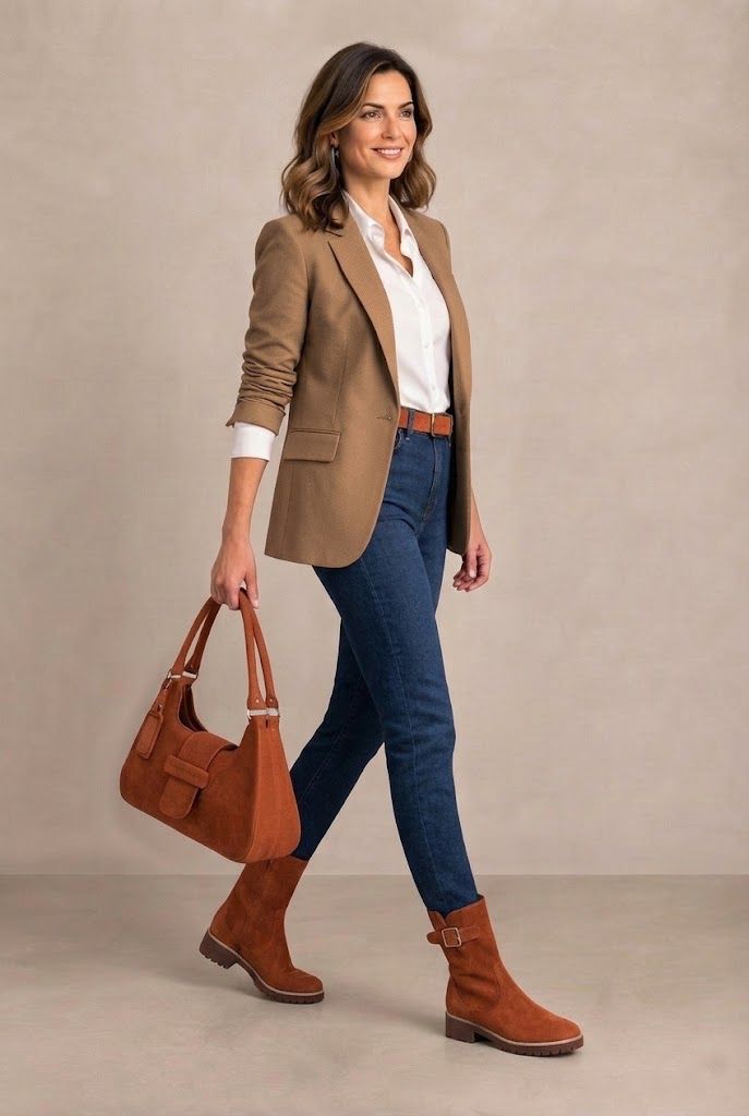Women's terracotta side-buckle ankle boots with round toe and chunky rubber lug sole - Top view
